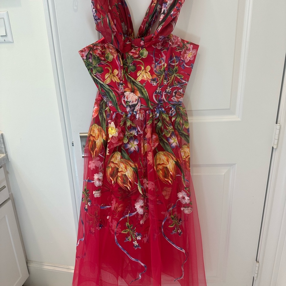 Marchesa Red Floral Midi Dress